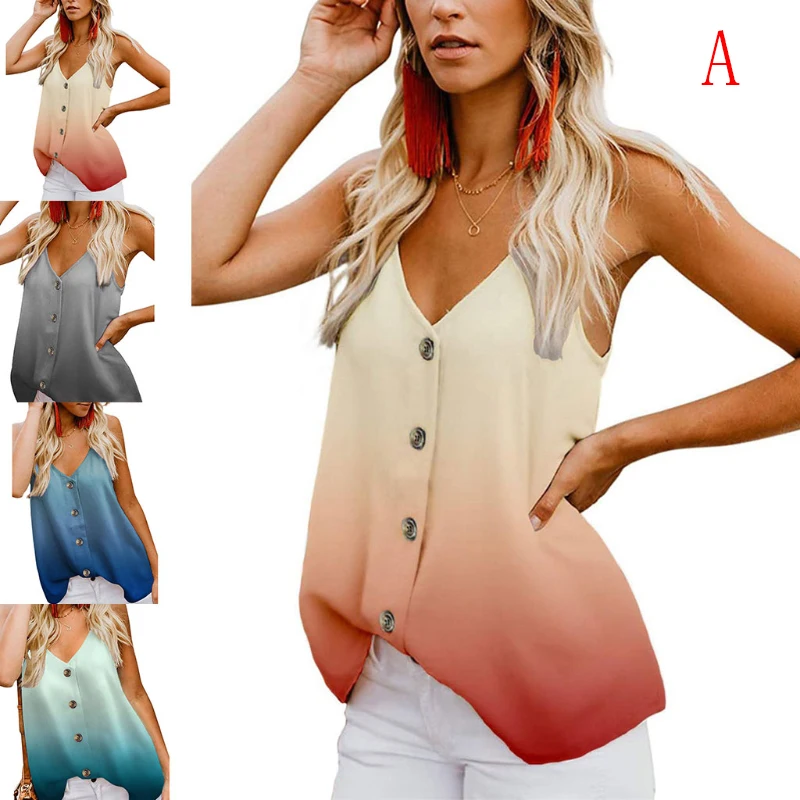 

Women Summer Halter Tank Tops Gradient Print Spaghetti Strap Tunic Camis Vest Sexy Lace V-Neck Loose Sleeveless Shirts