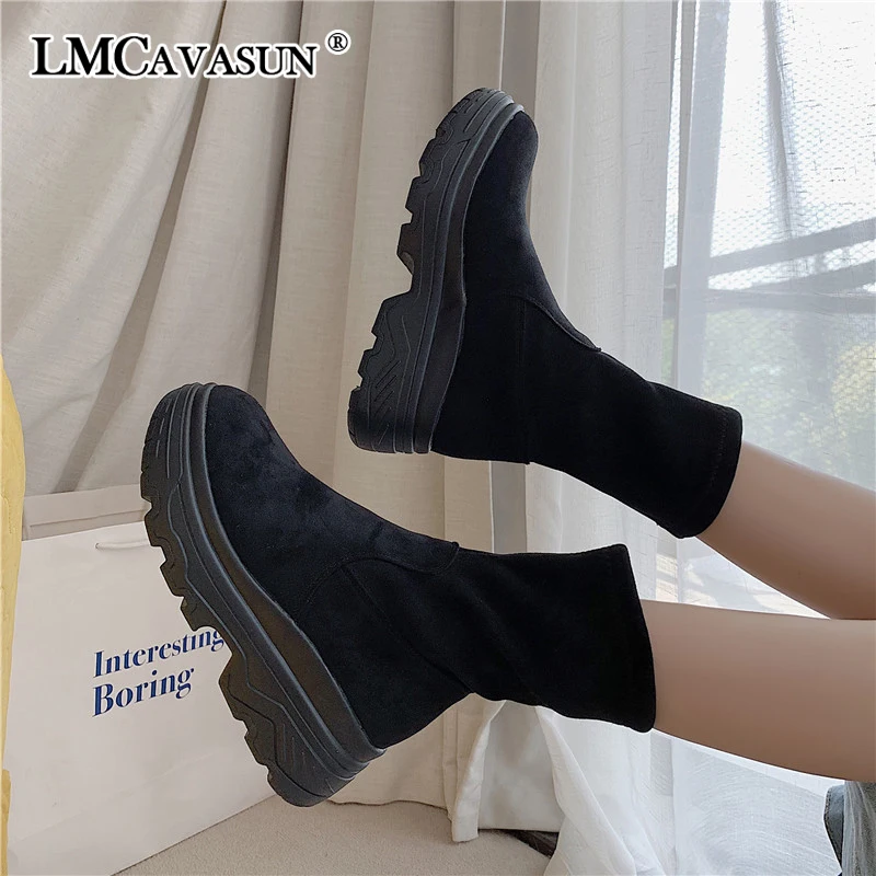 LMCAVASUN Platform Ankle Boots Shoes Woman Suede Equestrian Winter Thick Sole Lace-up Women Shoes Waterproof Martin Boot
