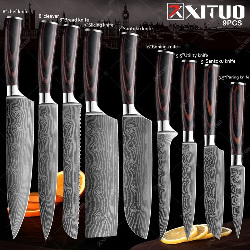 

XITUO Kitchen Knives 1-10 pcs knife set Chef Japanese Knife Laser Damascus Pattern knives Meat Cleaver Slicing Chopping Santoku
