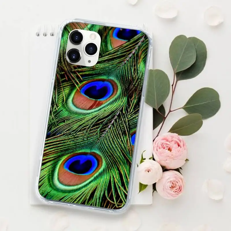 

Green blue peacock feathers Phone Case for iPhone 11 12 mini pro XS MAX 8 7 6 6S Plus X 5S SE 2020 XR Luxury brand shell funda