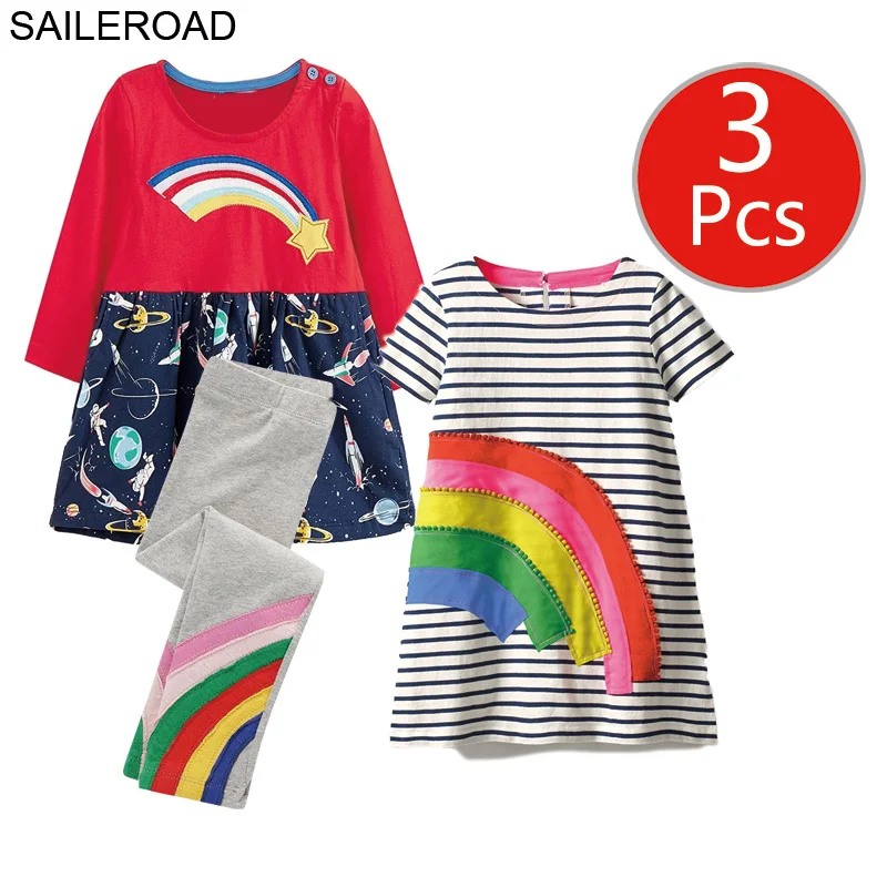 SAILEROAD Девушки Мода 3 шт. Детская Одежда Набор Платье Леггинсы Наряды на Лето Осень Малышей Платья Партии Костюмы - Цвет: 7722-6167-1166 photo