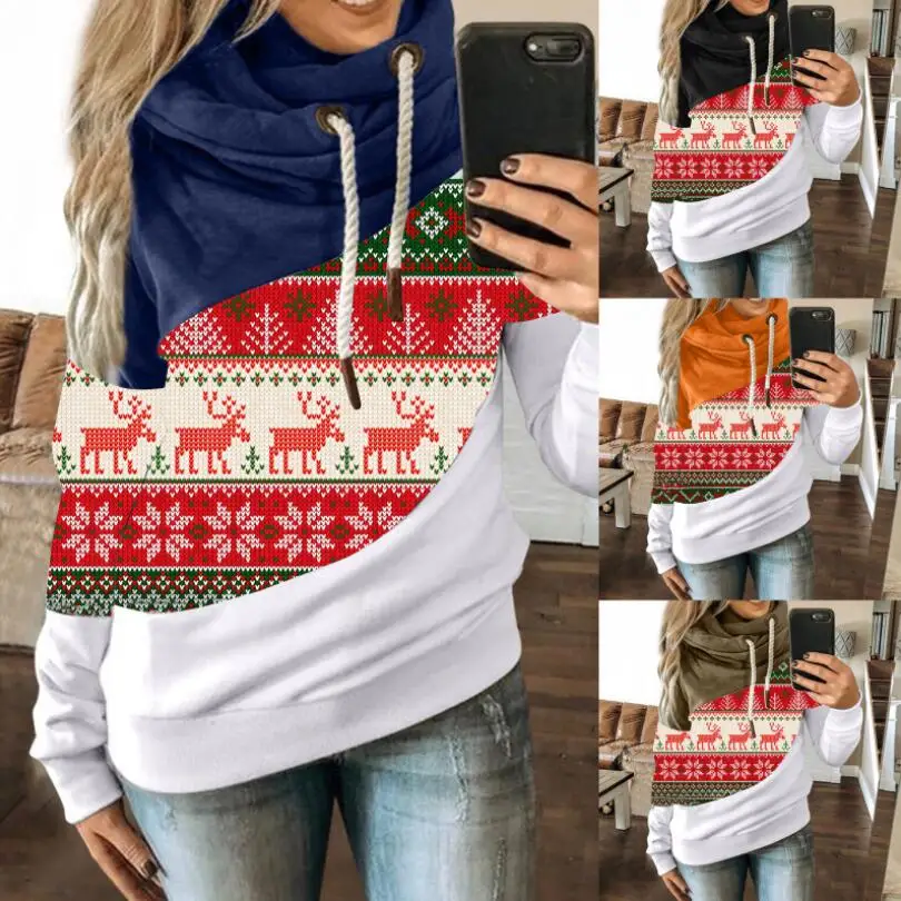 

2020 Autumn And Winter Hot Selling Women's Clothing Christmas Elk Pattern Stitching Hoodie Printing Casual Sweater Ladies Top