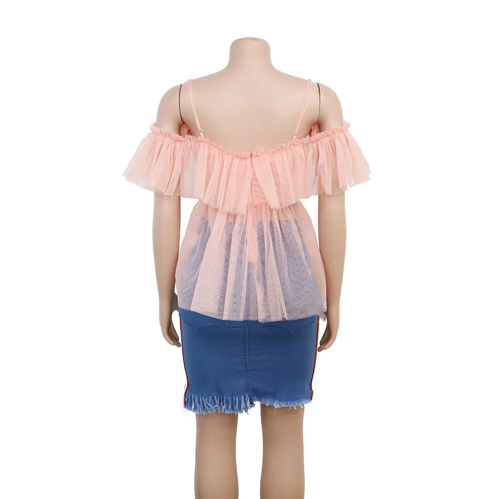 Fashion Women Off Shoulder Layer Mesh Blouses Sexy Summer Spaghetti Strap Backless Top Female Vintage Lace Up Ruffle Shirt