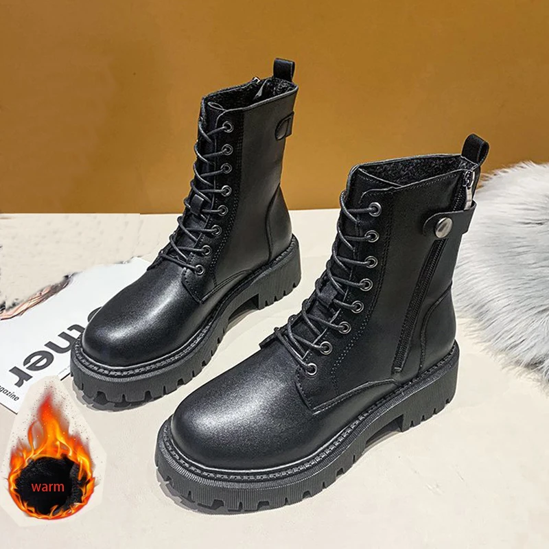 

20020 Fashion Boots Women Genuine Leather Lace-Up Thick Boots Round Lace-Up Shoes Winter Female Buckle Fashion Warm Botas Mujer