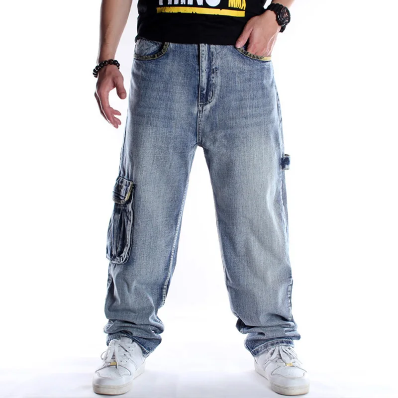 

Plus Size 30-46 Vogue HipHop Baggy Men's Jeans Dancers Loose Big Pocket Boys Skateboard Rap Punk Denim Pants