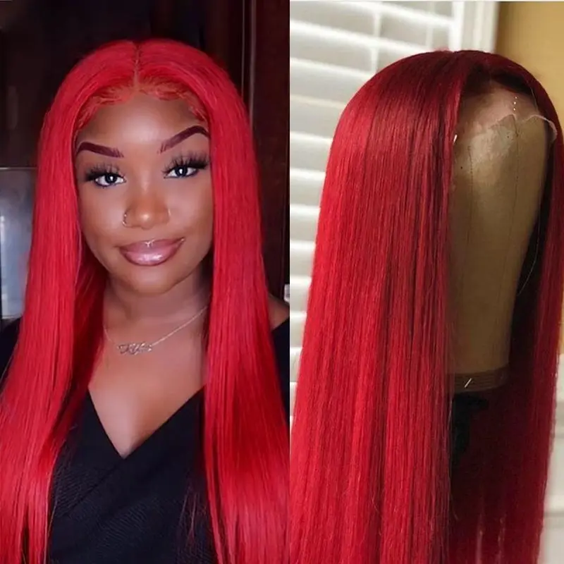 

Red Straight Lace Front Wigs 99J Red 13*1 Lace Part Front Human Hair Wigs Plucked Hairline Peruvian Remy Hair 180 Shining Star