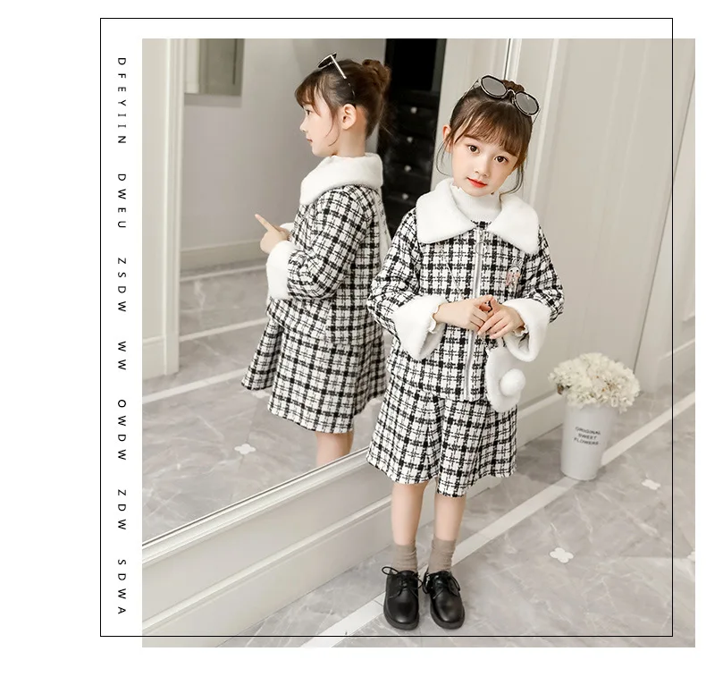 Комплект одежды для девочек зимнее теплое пальто + платье без рукавов клетчатый