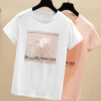2021 summer korean fashion t shirt women beading o neck short sleeve casual pink white print kawaii women tops tee shirt femme
