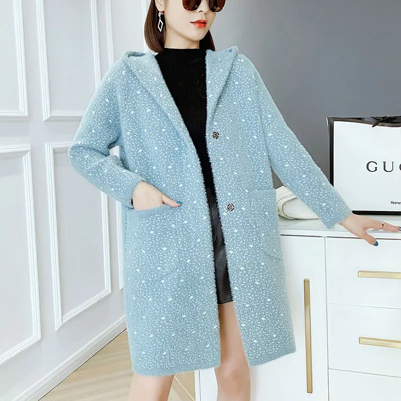 

2021 New Fashion Faux Mink Fur Coats Autumn and Winter Jacket Women Loose Long Knit Cardigan Coat Female Thickening