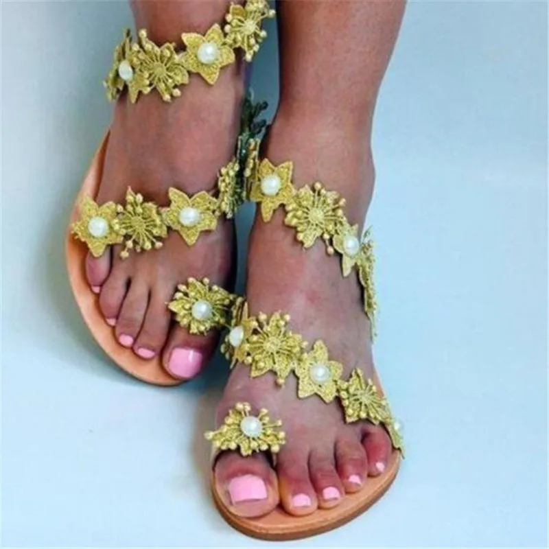 

2021 Summer Shoes Women's Sandals Women's Shoes Flat-bottomed Fashion Flowers Beach Sandals Comfortable Large Size Sandals