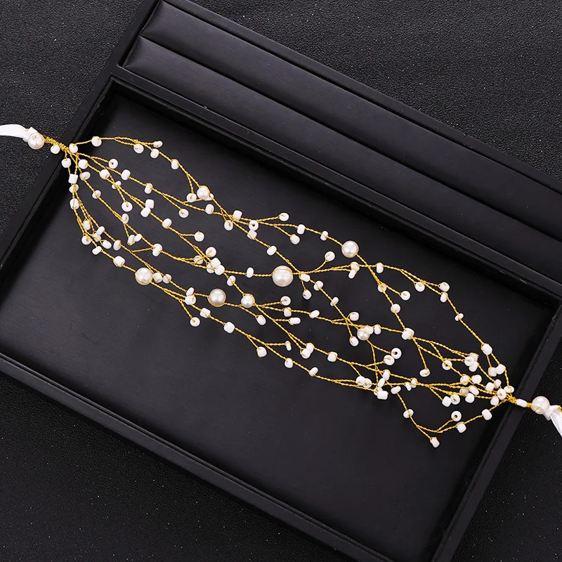 

New Trendy Bride Hair Accessories Gold Tiara Pearl Headband Wedding Headdress Prom Female Hair Accessories Bridal Tiara Handmade
