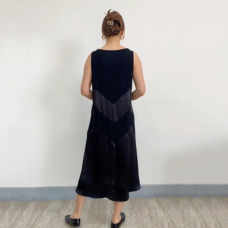 

CHICEVER Solid Casual Tank Dress For Women O Neck Sleeveless Loose Hit Color Mid Black Dresses Female 2021 Summer Clothing Tide