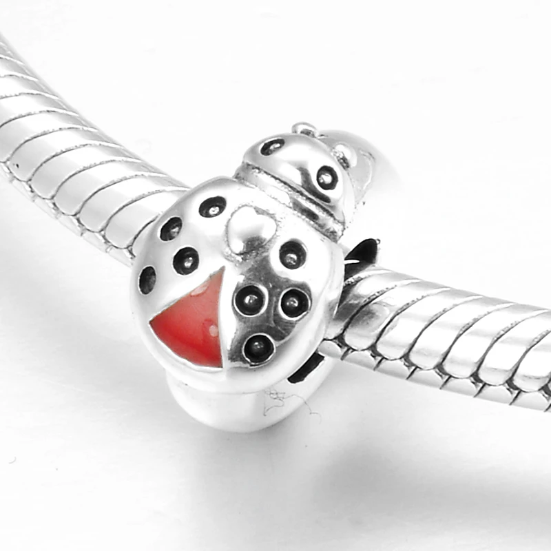 Красные эмалевая Божья коровка рисунок искусственная Серебряная пробка бусины