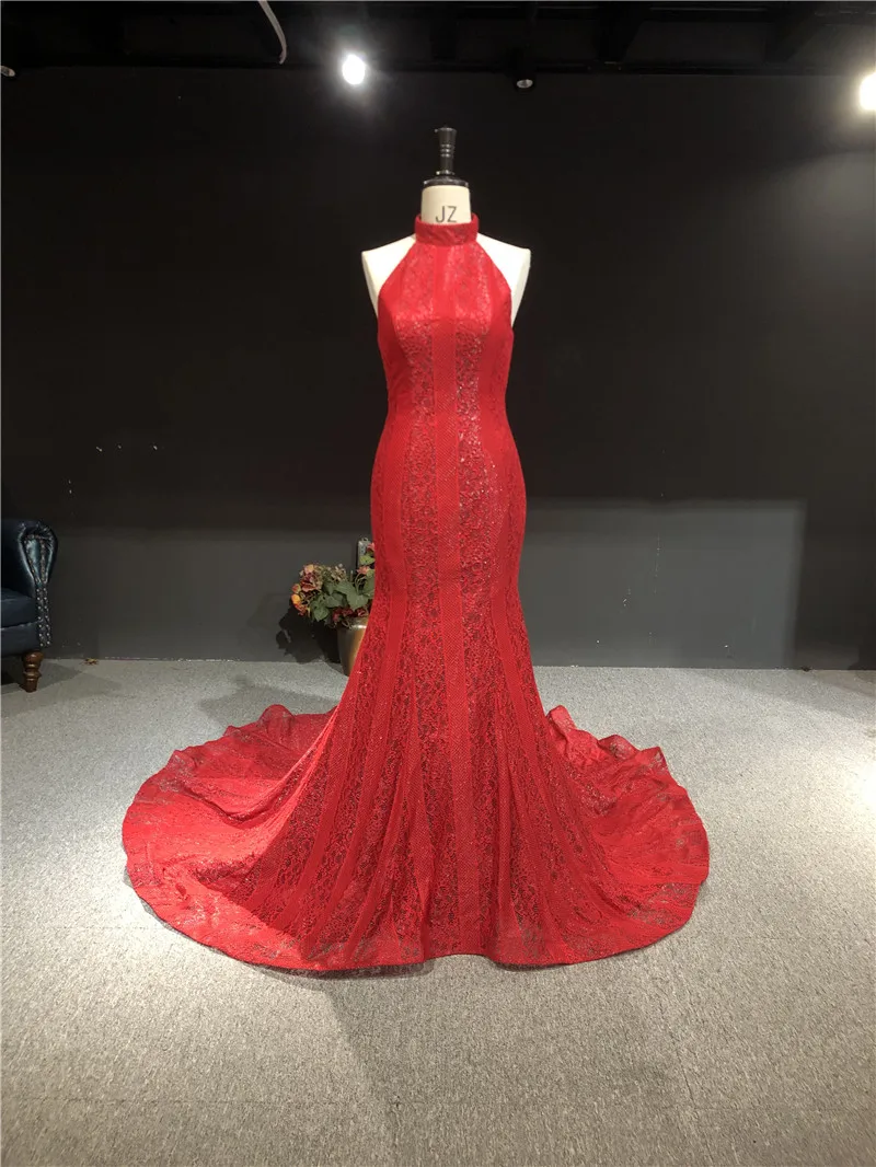 

100% Real Pictures Red Lace High Neck Sleeveless Mermaid Floor Length with Train Formal Prom Party Dance Bridal Evening Dress