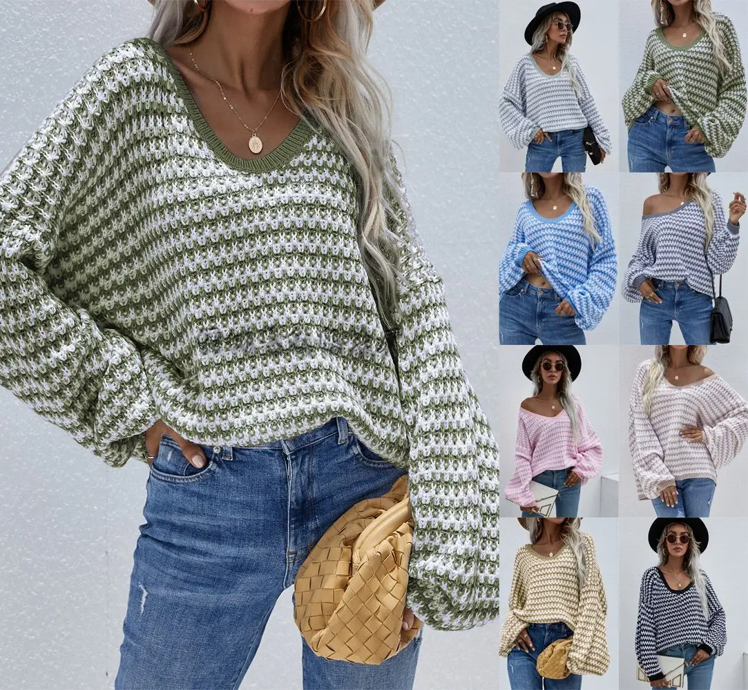 

Donsignet 2021 Winter New Pullover Striped Womens Knitwear V-neck Temperament Office Lady Plus Size Fall Sweaters for Women