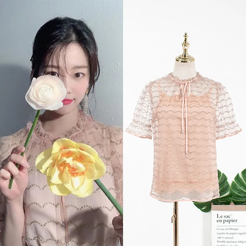 

Kpop Корейская знаменитость Ретро стиль для девушек Прозрачная Сексуальная рубашка на шнуровке женская летняя новая повседневная Тонкая блу...