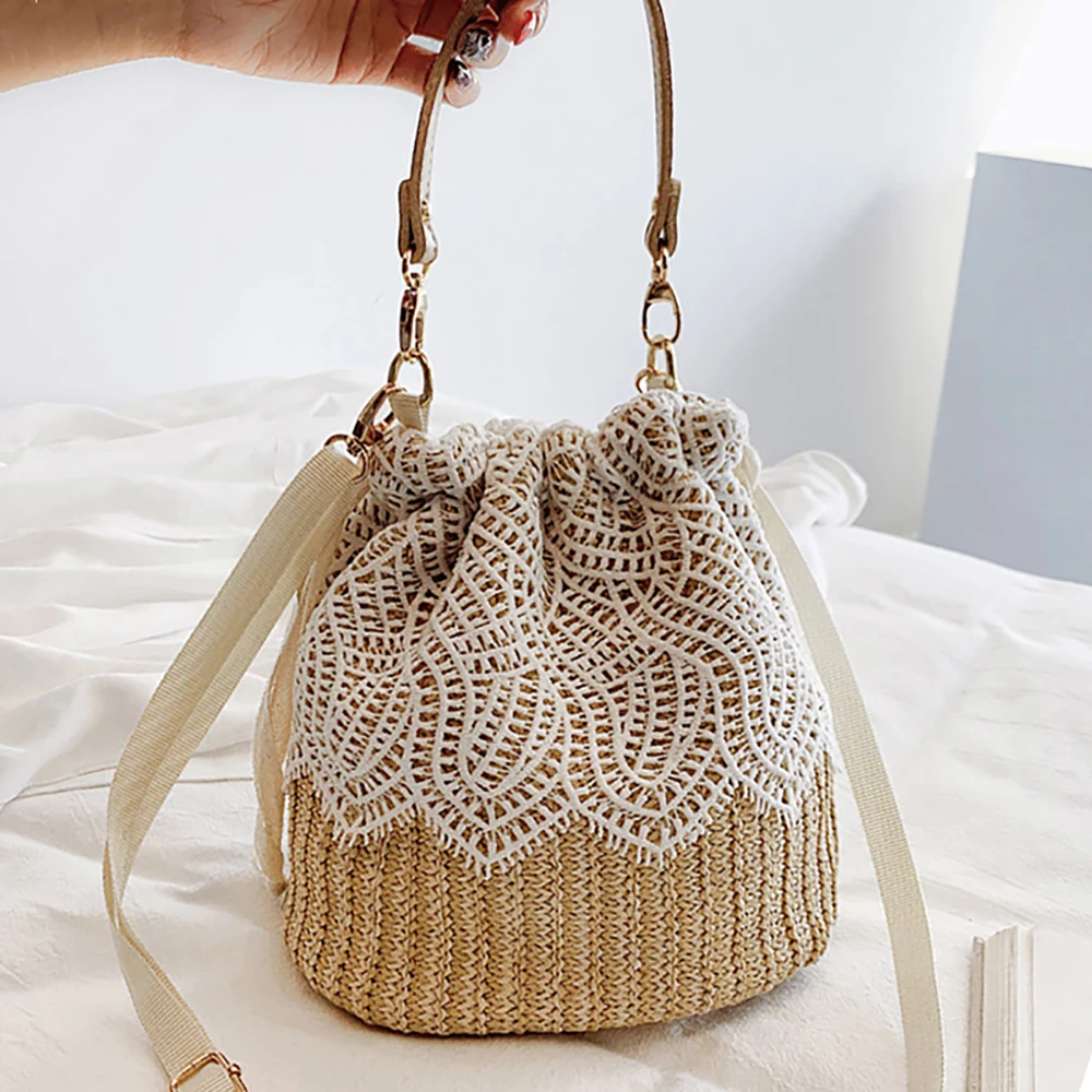 

Flower Pattern Lace Woven Bucket Bags For Women 2021 New Fashion Summer Beach Straw Purse Female Wild Crossbody Shoulder Handbag