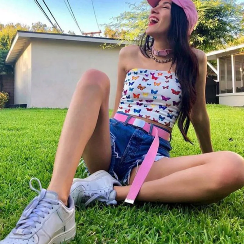 Женский Короткий Топ без бретелек с принтом бабочек облегающий кроп для лета