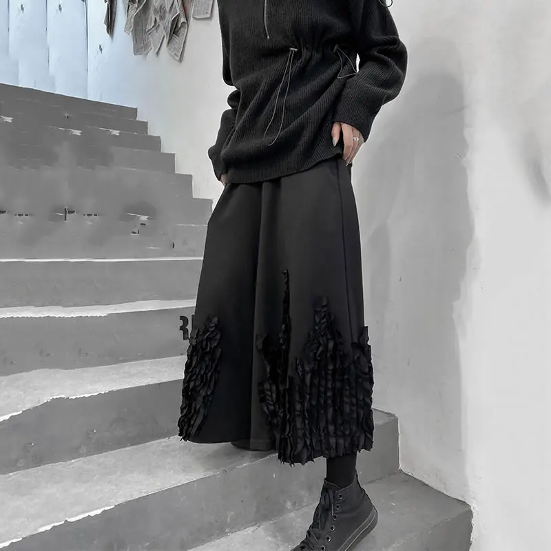 XITAO Patchwork Wrinkles Casual Pants Women Tide Fashion New Style Elastic Empire Waist Match All Wide Leg Loose Black DZL2640