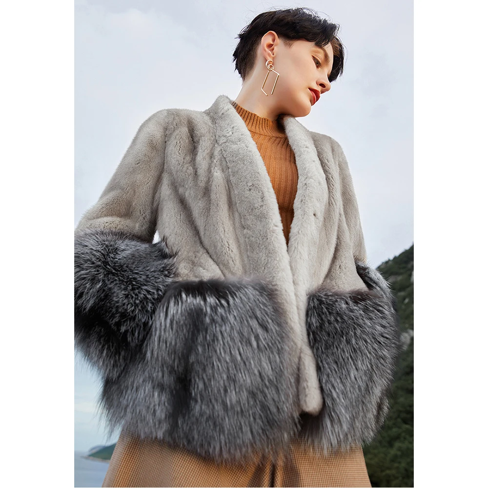 

FURSARCAR Whole Skin Real Mink Fur Coat With Silver Fox Fur Hem Cuff For Women Autumn&Winter Warm Outerwear 2020 New Fashion