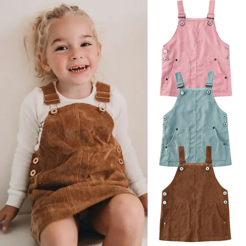 

2022 New Baby Clothing Toddler Kids Baby Girls Mini Retro Dress Strap Corduroy Dress Suspenders Solid Overalls 0-5T