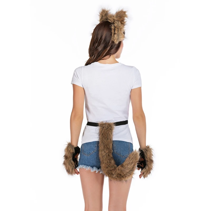 

3 Pieces Animal Costume Accessories Set Faux Fur Kitten Wolf Ears Hair Clips Long Tail Plush Gloves Halloween Fancy Party Cospla