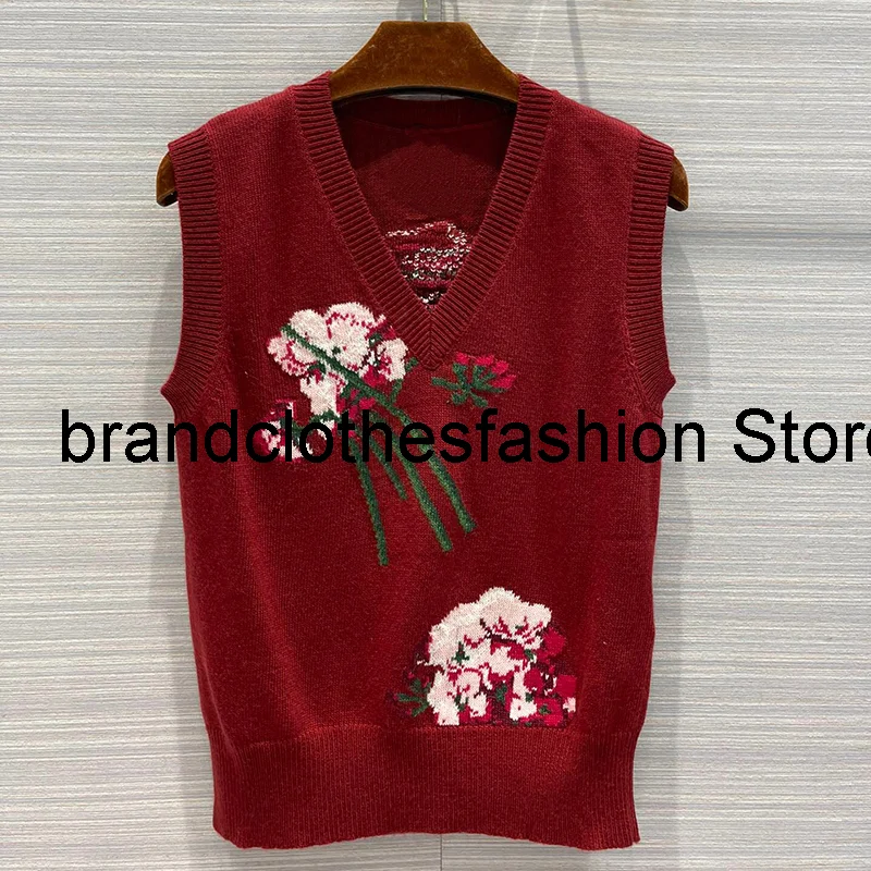 

Blue Fashion Knit Flowers Crochet Embroidery Wool Vest Sweater Women High Quality V-Neck Slim Pullover Gilet Lady 2021 Autumn