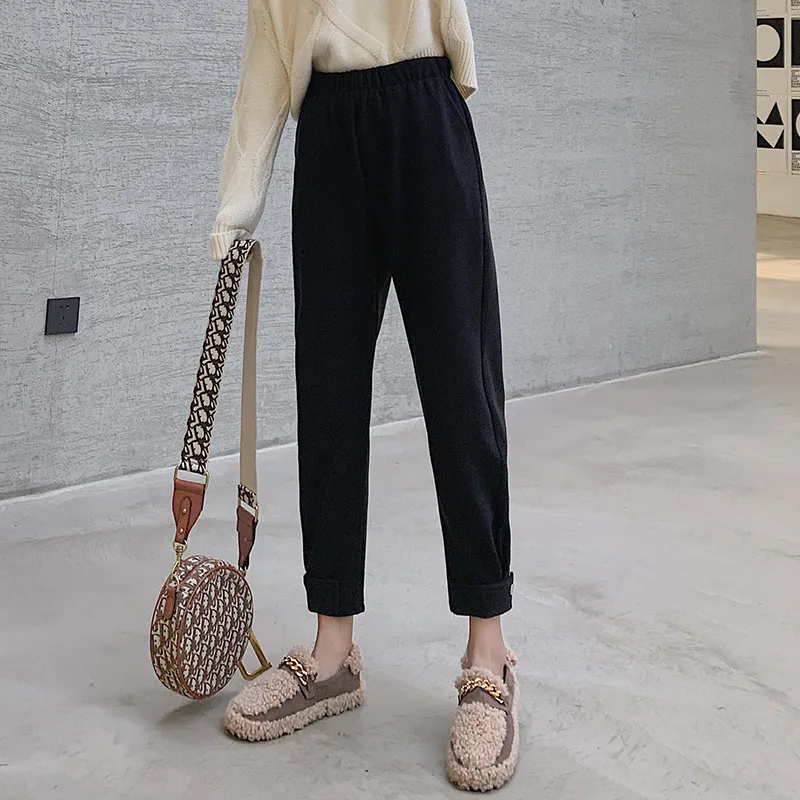 

Winter New Fashion Trousers Women Warm Black Thick High Waist Pocket Loose Fit Solid Casual Straight Femme Pants 2020 Autumn