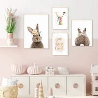 kawaii tail bunny initial letter custom pink flower canvas painting girl nursery wall art poster print kids room home decoration