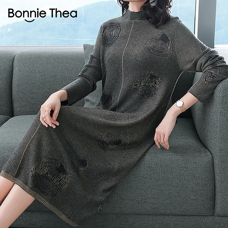 

Bonnie Thea women Winter Turtleneck party knitting dress women's Autumn Elegant Sweater dress vestidos plus size lady dresses