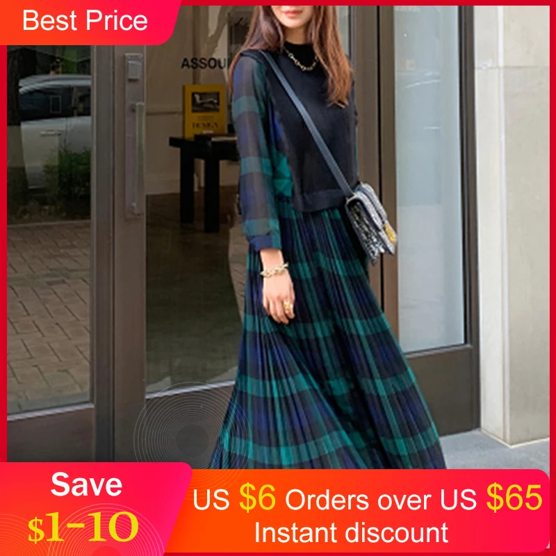 

Korean Plaid Women Long Dresses Spring Autumn 2021 Pleated High Waist Daily Date Robe Femme Vestiods Maxi Dress Japan Fashion