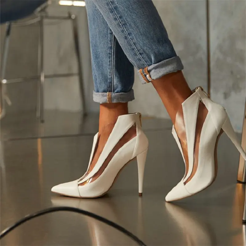 

Sianie Tianie patent PU pvc clear stilettos sexy woman's shoes super thin high heels white beige women pumps big size 46 47 48
