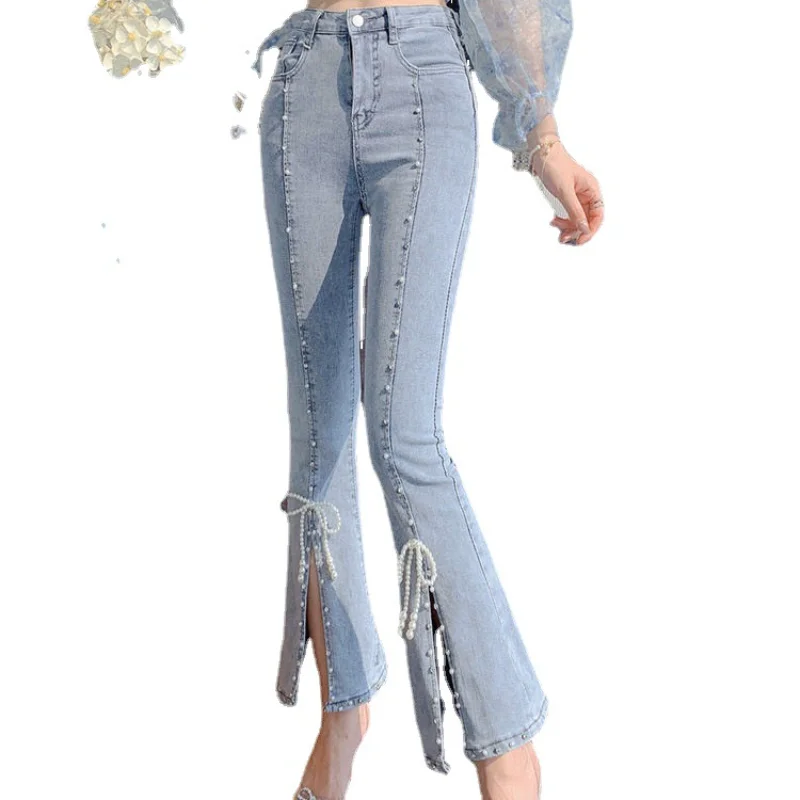 

Thin in summer 2021 new Korean fashion wild heavy-duty split beaded bell bottom pants Office pearl denim flared pants women