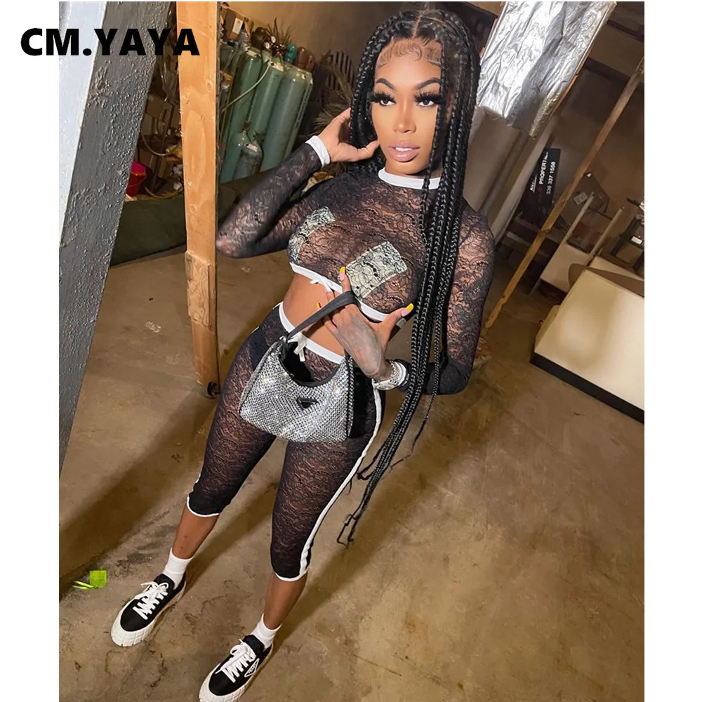 

Женский однотонный кружевной комплект CM.YAYA, короткий топ с длинным рукавом и О-образным вырезом, эластичные брюки до щиколотки, комплект из ...