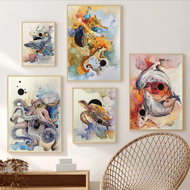 Картина водорослей, дельфина, осьминога "Монстр морского животного" акварельный рисунок абстрактного канваса плакаты печати для гостиной, спальни, коридора декор.