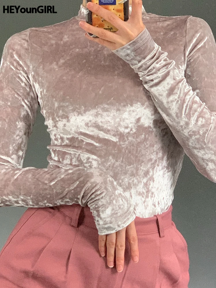 

HEYounGIRL Winter Slim Women T-shirts Fashion Vintage Elegant Solid Turtleneck Long Sleeve Female Casual Aesthetic Tops Clubwear