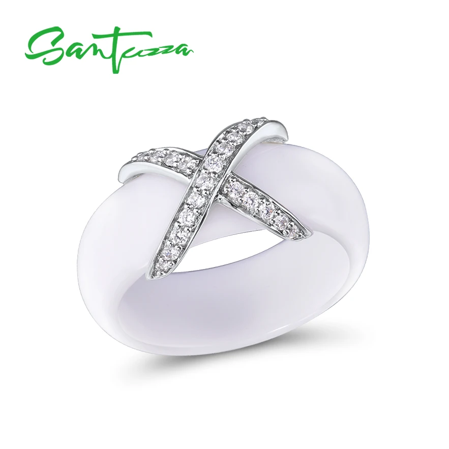 SANTUZZA, серебряные кольца для женщин, чистый 925 пробы, серебро, Круглый, белый, черный, керамика, кубический цирконий, необычные, anillos, хорошее ювелирное изделие