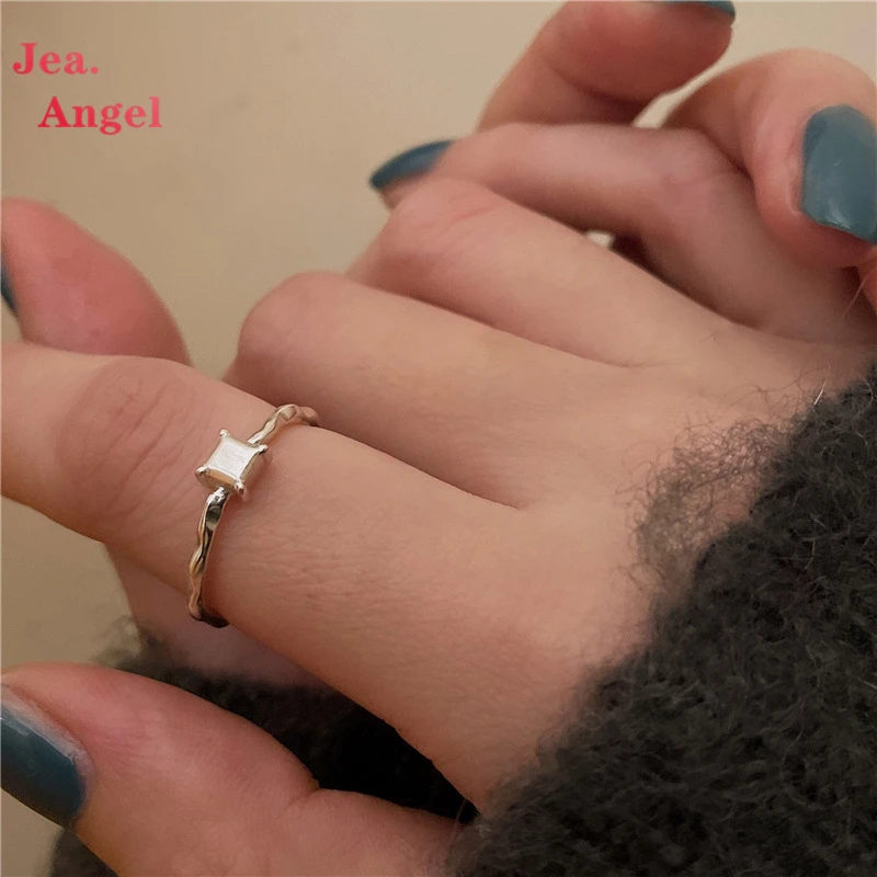 

Jea.Angel 925 Silver INS Handmade Square Block Minimalist Personality Fashion Opening Fine Rings For Women Party Jewelry Gifts