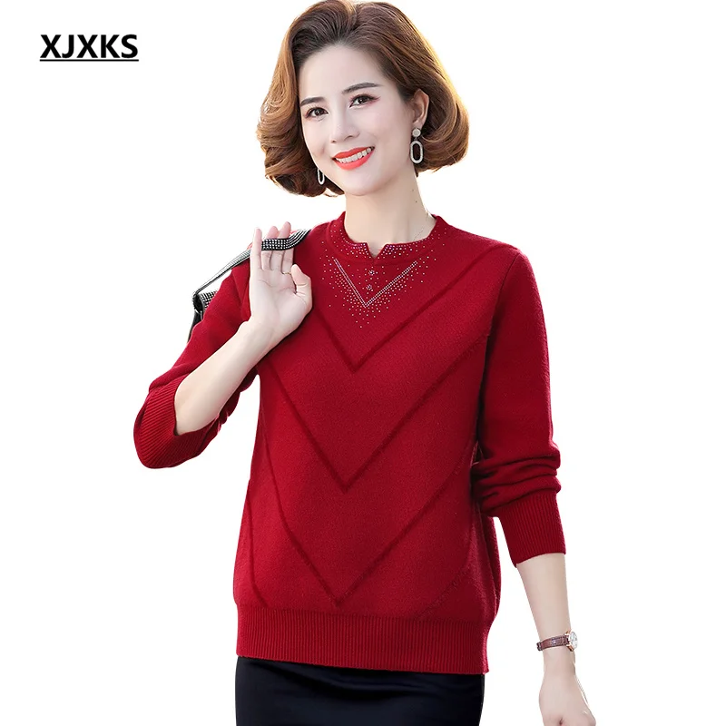 

Новинка зимы 2022, свободный женский свитер XJXKS с высоким воротником, модный бархатный женский теплый свитер со стразами
