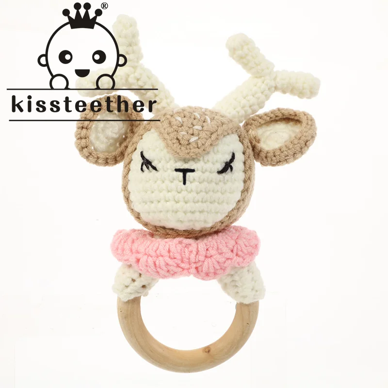 

Kissteether 1pc Wooden Crochet Ainmal Toy BPA Free Wood Ring Baby Teether Rodent Baby Gym Mobile Rattles Newborn Educational Toy