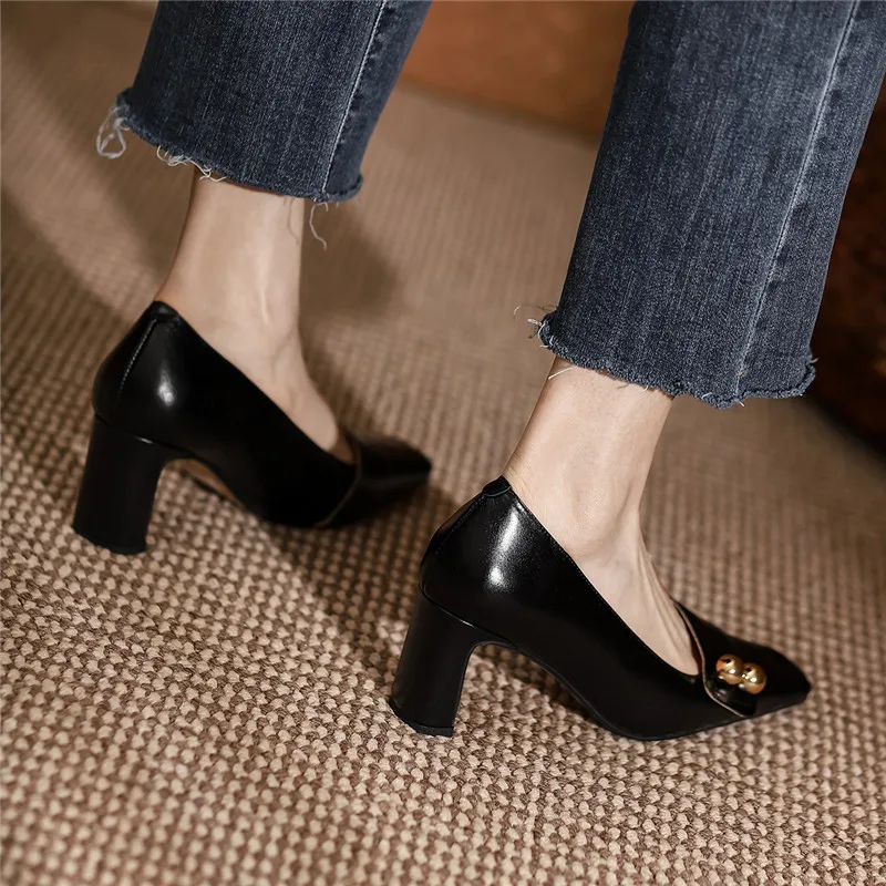 

FEDONAS Elegant Women Shoes 2021 Spring Summer Hanged Metal High Heels Pumps For Women Genuine Leather Square Toe Shoes Woman He