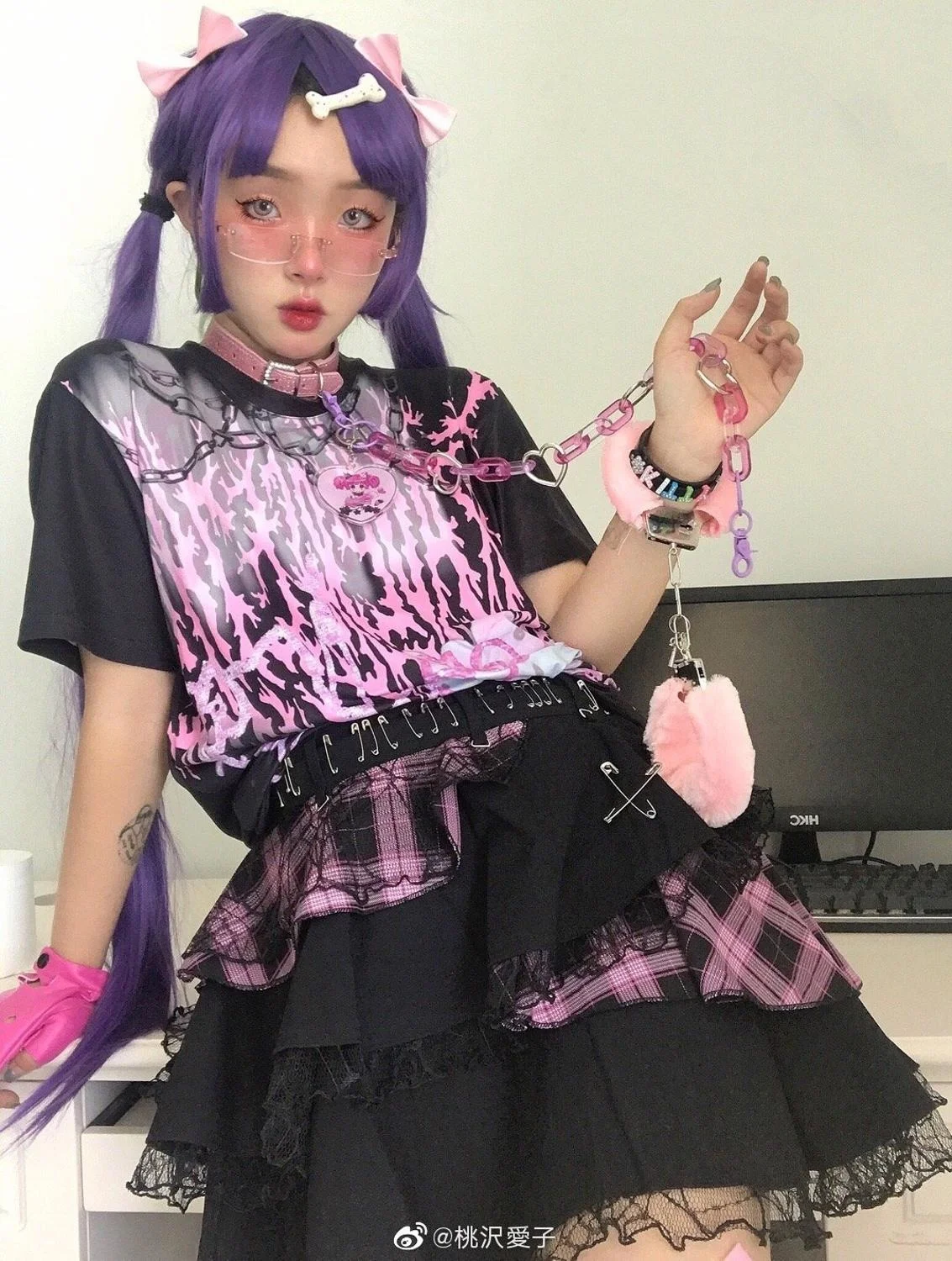 

Japanese Harajuku Punk Lace Cake Skirt Pink plaid Sweet soft Girls rock High Waist Mini Kawaii Short Skirts Girls