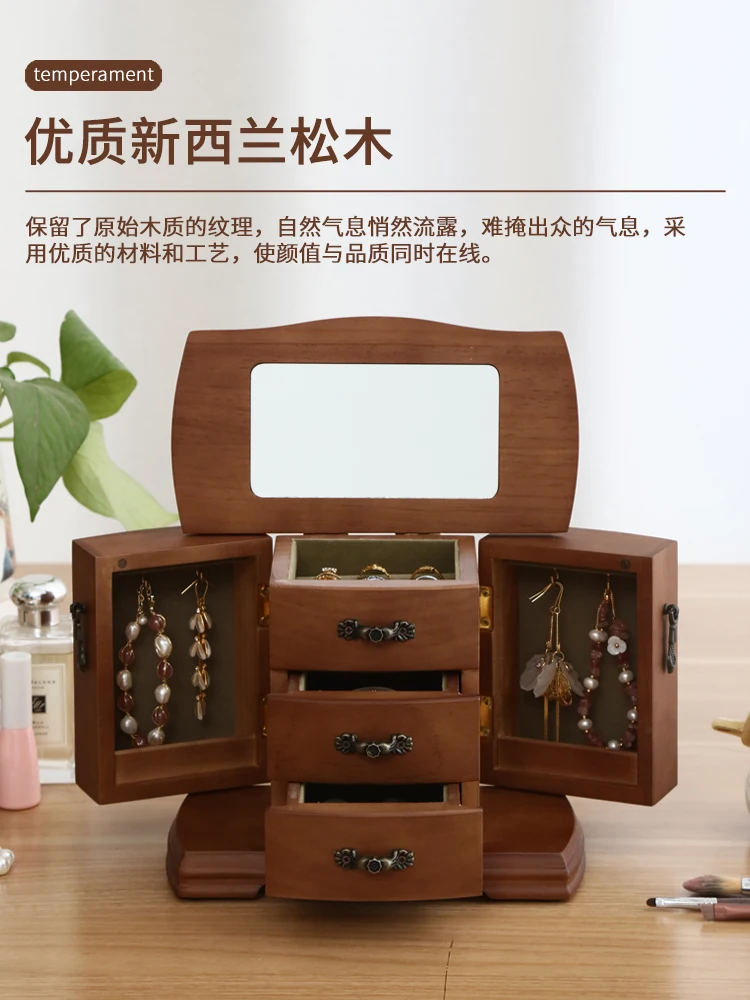 Solid Wood Earrings Jewelry Box Storage Necklace Display Stand Net Red Multi-layer Ring Collection Small Exquisite