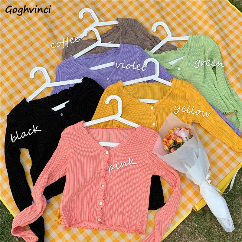 

Candy Colors Cropped Cardigan Women V-neck Fresh Sweet All-match Button Up Knitted Outwear Basic Sweater Japanese Style Feminine
