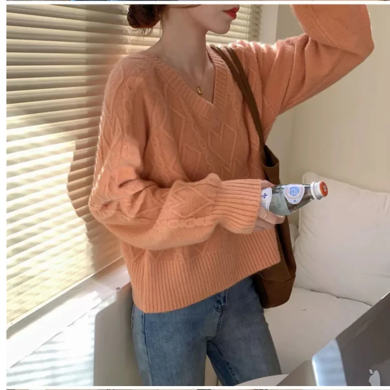

Autumn Spring Women Sweater New V Neck Long Sleeve Solid Color Design Fashion Casual Female Knitted Loose Pullover Short Top