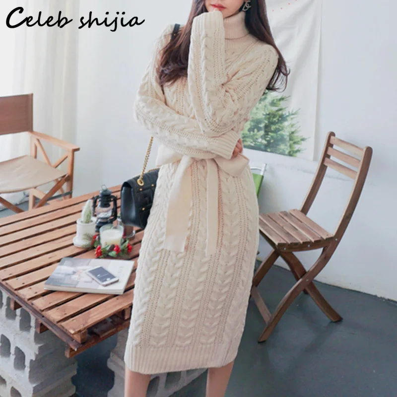

SHIJIA Turtleneck Knitting Dress Woman Autumn Winter Apricot Korean Long Sweater Dress Female Fall Full-sleeve Elegant Knitwear