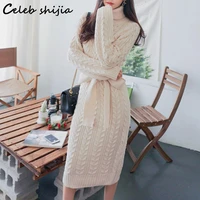 shijia turtleneck knitting dress woman autumn winter apricot korean long sweater dress female fall full sleeve elegant knitwear