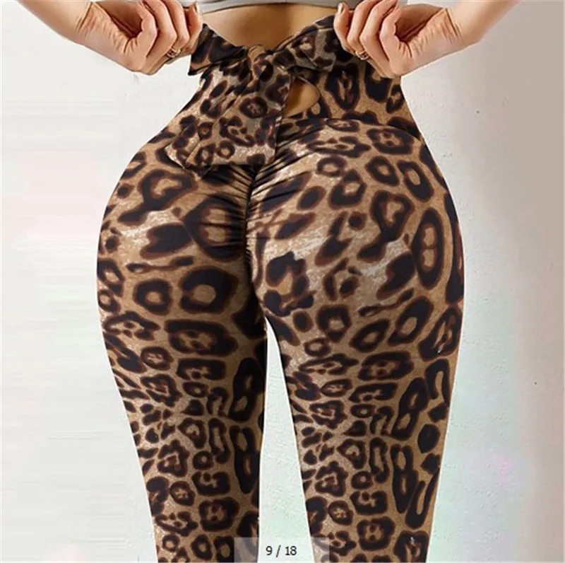 

Fitness Pants Bow Lace-Up Elastic High Waist Tight Trousers Push Up Legging Workout Sexy Women Leopard Butterfly Print Legging