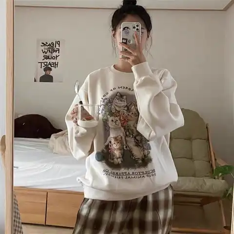 The New Thin Spring Autumn Retro Aesthetic O Neck Kawaii Printing Women's Hoodies Sweatshirt Loose Harajuku Pullover