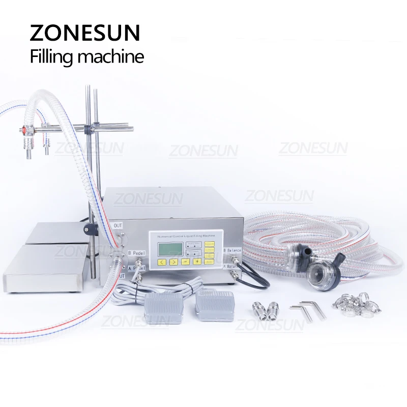 

ZONESUN ZS-DP622W Semi Automatic Weighing Filling Machine Hand Sanitizer Perfume Shampoo Double Nozzles Water Bottle Filler